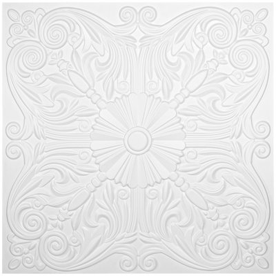Art3d Decorative Ceiling Tile 2x2 Glue up, Lay in Ceiling Tile 24x24 Pack of 12pcs Spanish Floral in Matt White