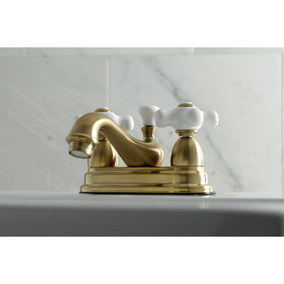 kingston brass restoration two-handle 3-hole deck mount 4\" centerset bathroom faucet with brass pop-up
incomplete 