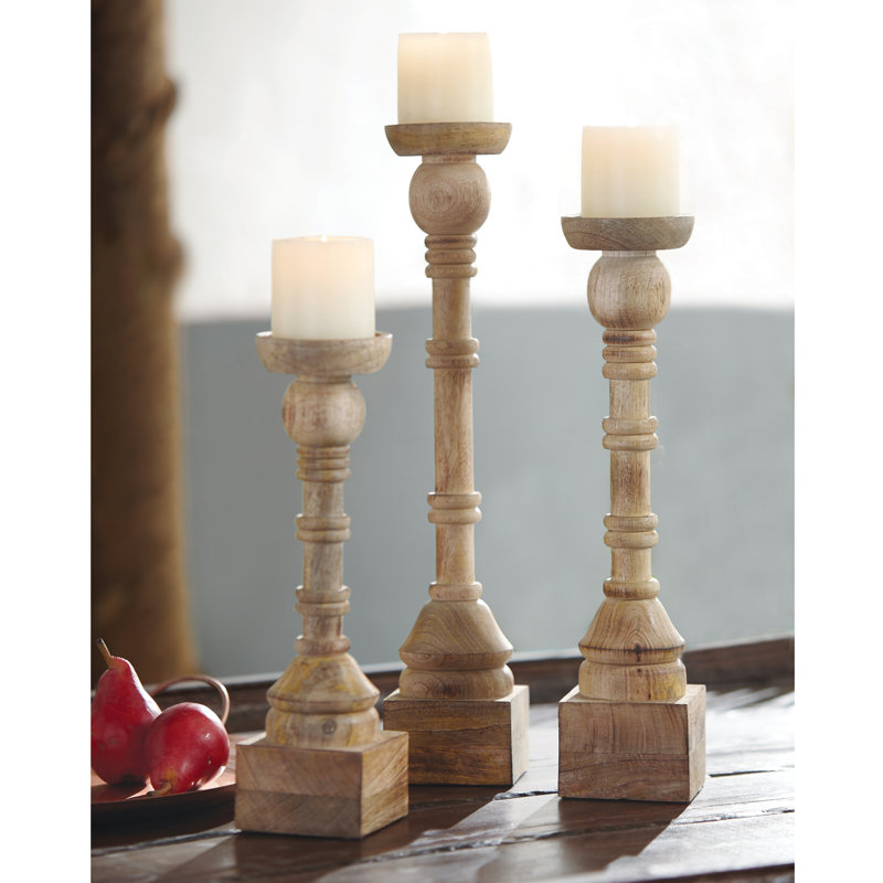 Hand Turned Mango 3 Piece Wood Candlestick Set