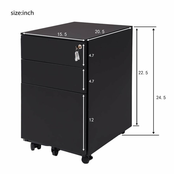 Inbox Zero 3 Drawer Mobile Metal Lockable Under Desk Vertical Filing Cabinet Wayfair