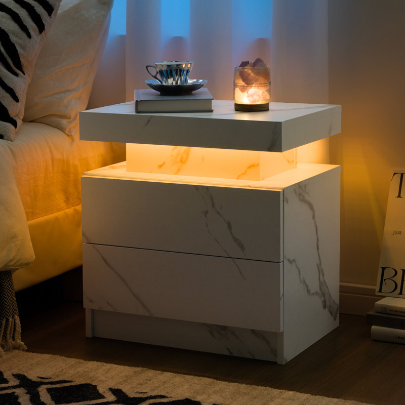 Engineered Wood Nightstand with LED Lights - Modern Small Space Solution Color: White Marble