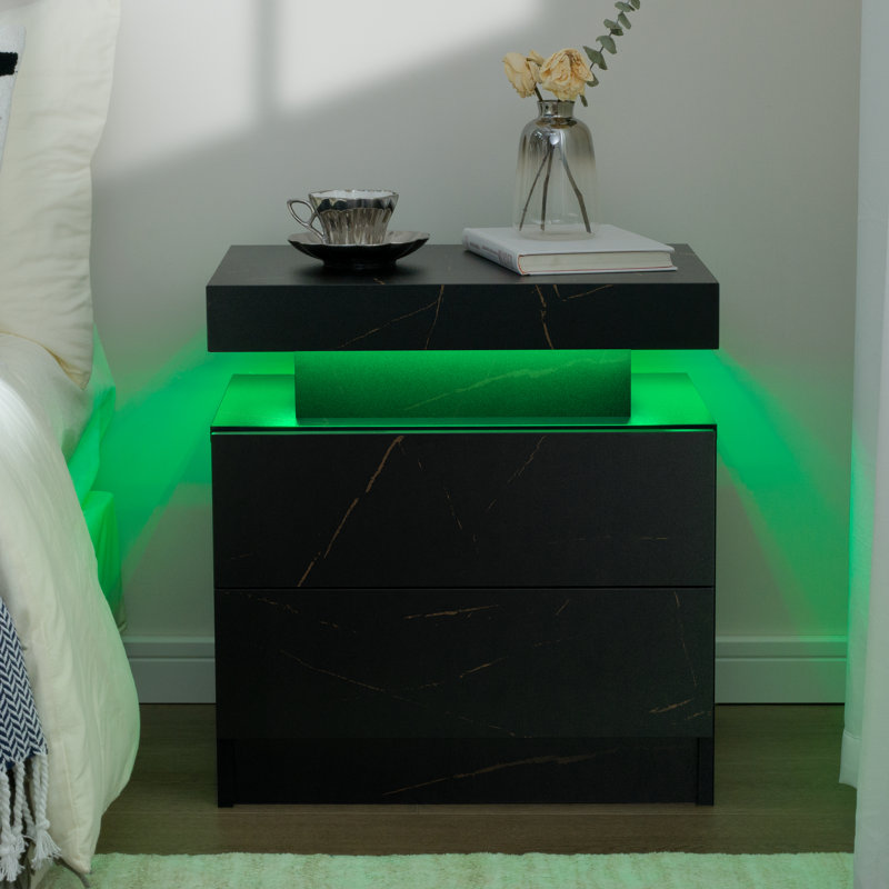Engineered Wood Nightstand with LED Lights - Modern Small Space Solution Color: Black Marble
