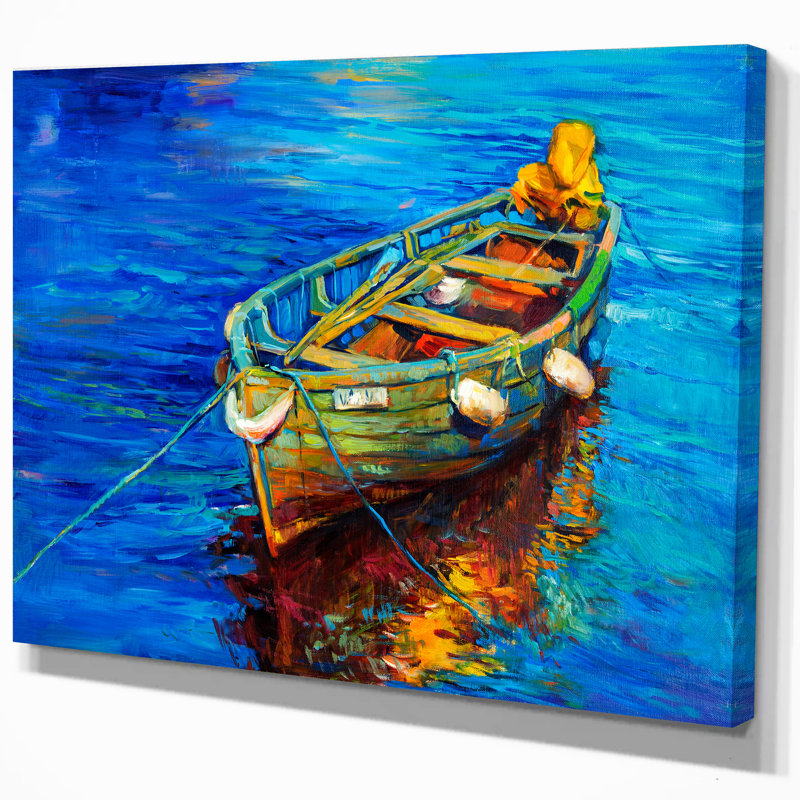 East Urban Home Single Fishing Boat At Blue Sea Oil Painting