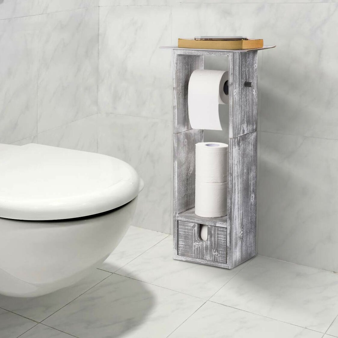 Wooden Free Standing SlimToilet Paper Roll Holder Bathroom 3 Tier Storage Cabinet-White 