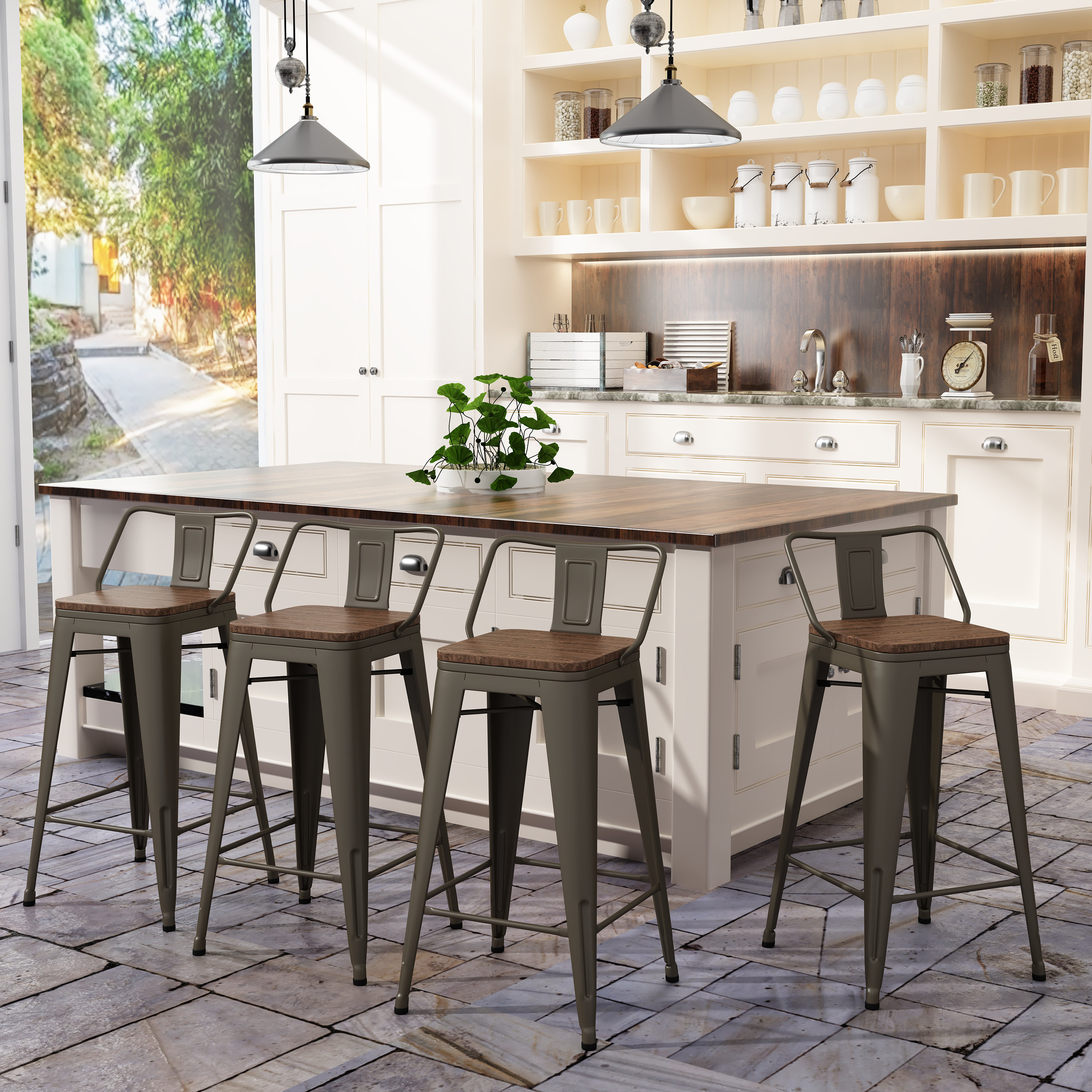 24'' Industrial Style Antique Red Restaurant Metal Stool For Indoor 