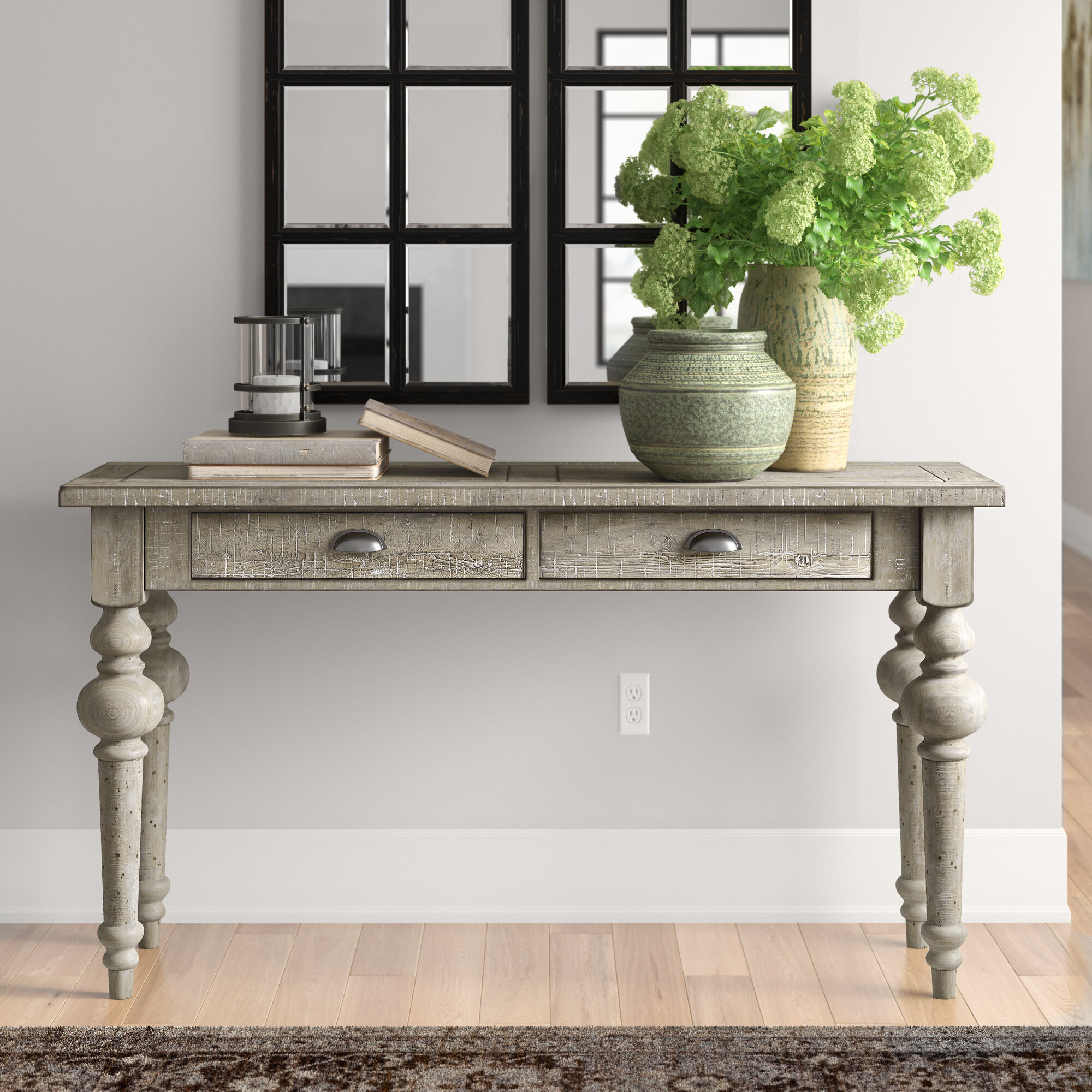 Beautiful weathered grey poplar console table sofa table with black hairpin legs 