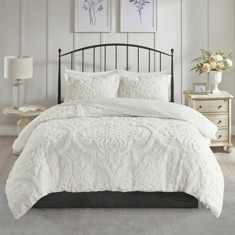 Eider Ivory Kennesaw 3 Piece Tufted Cotton Chenille Damask Duvet