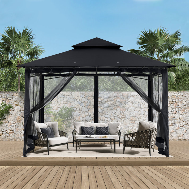 9 Ft. W x 9 Ft. D Steel Patio The Soft Roof Gazebos Roof Color: Black