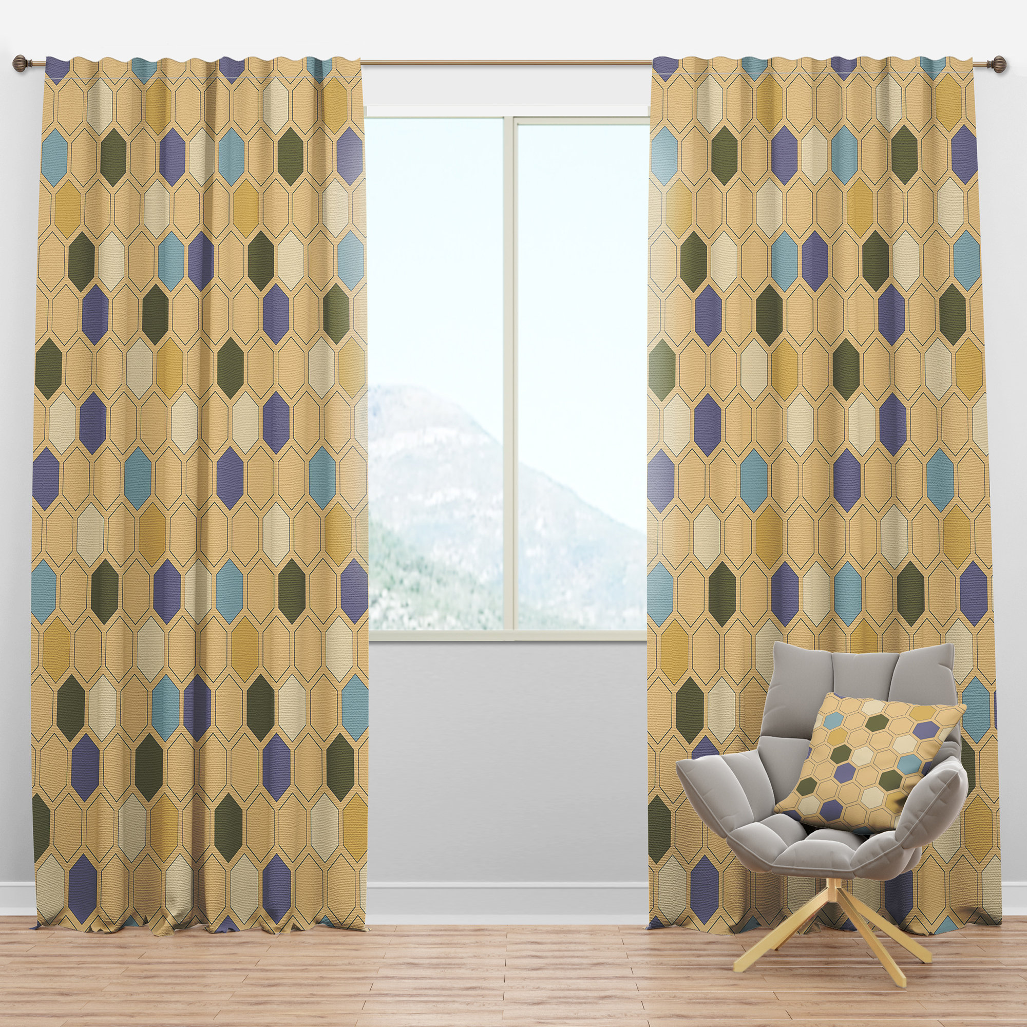 Designart Mid Century Hexagon Geometric Semi Sheer Thermal Rod Pocket Single Curtain Panel Wayfair