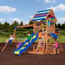 wooden climbing frame with slide and swing