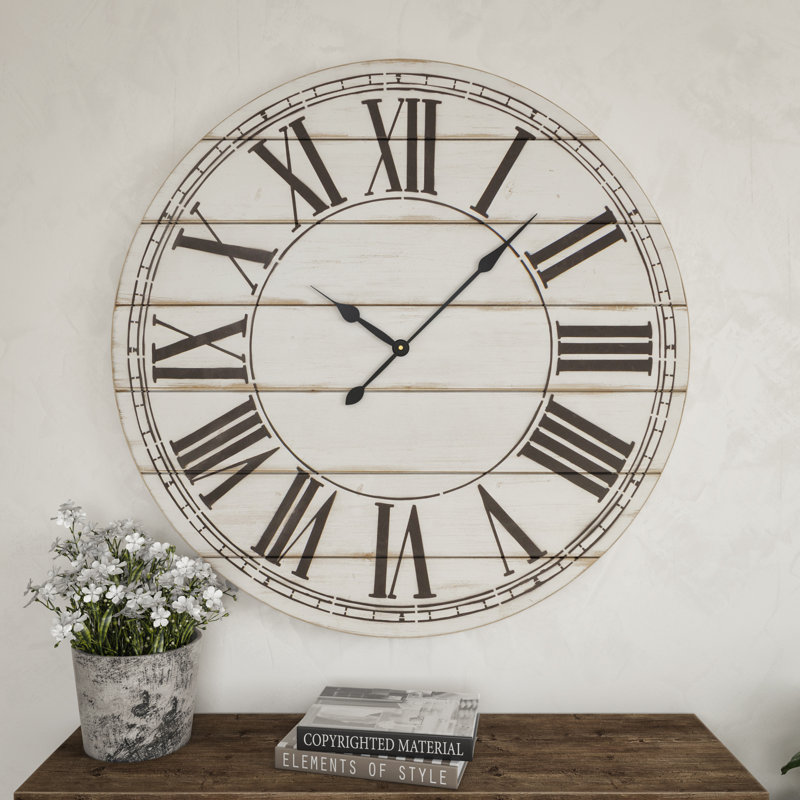 Renata Round Oversized Shiplap Farmhouse Wall Clock Color: Black/Off-White