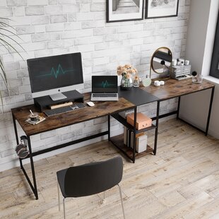 Industrial Sit-Standing L Desk with Storage Shelves Solid Wood L Shaped Desk 