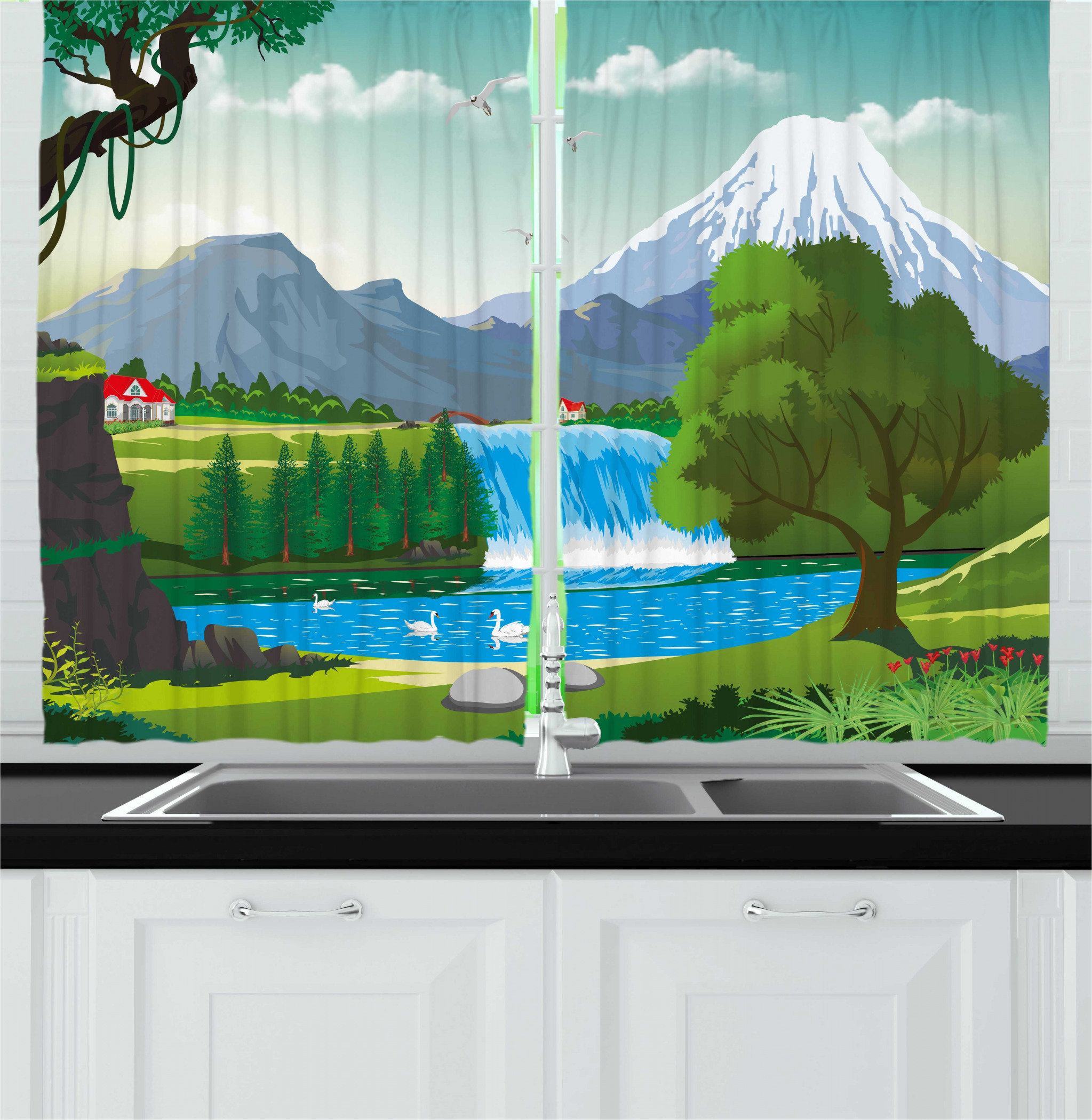 East Urban Home 2 Piece Travel Cartoon Style Landscape Of A Lake Near A Waterfall With Mountains On The Back Kitchen Curtain Set Wayfair