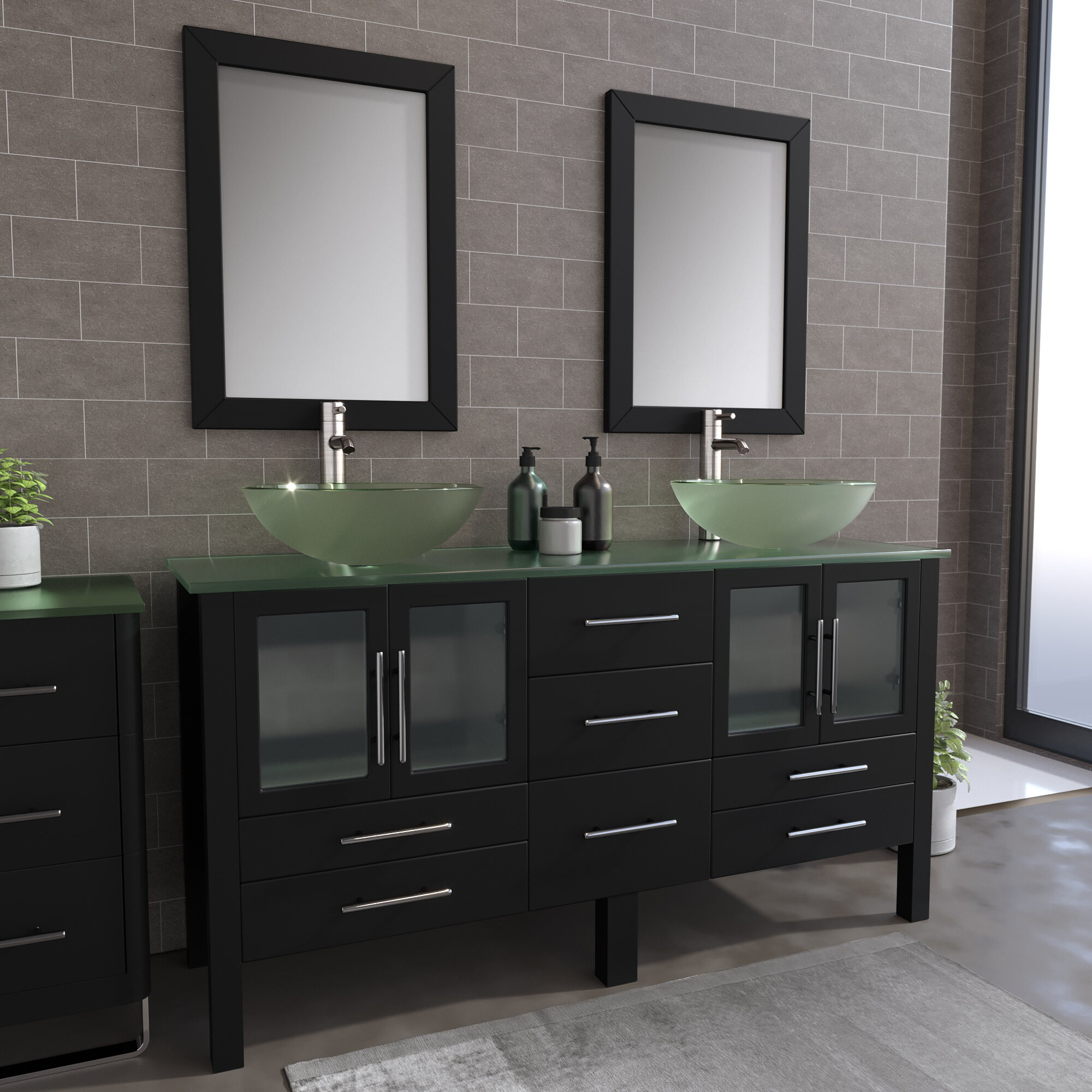 Brayden Studio Meserve Solid Wood And Glass Vessel 64 Double Bathroom Vanity Set With Mirror Wayfair