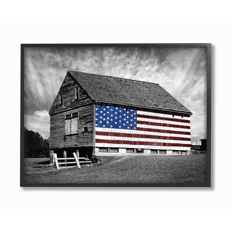 'Black and White Farmhouse Barn American Flag' Graphic Art Print