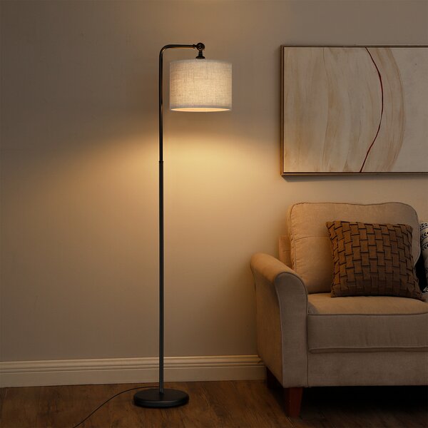 Modern Designer Style Dark Grey Curved Stem Floor Lamp with a Black Cylinder Light Shade