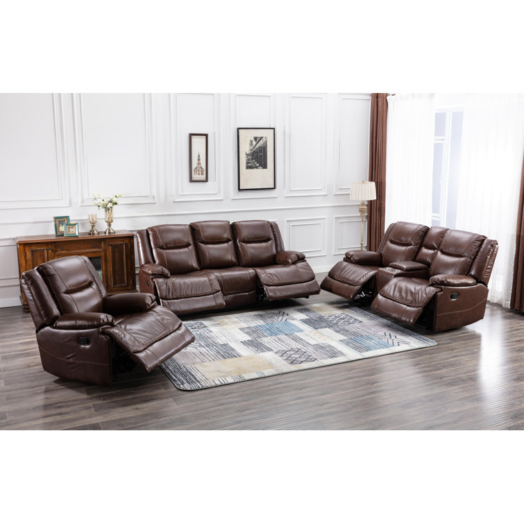 Red Barrel Studio® Merrikay 3 Piece Genuine Leather Reclining Living