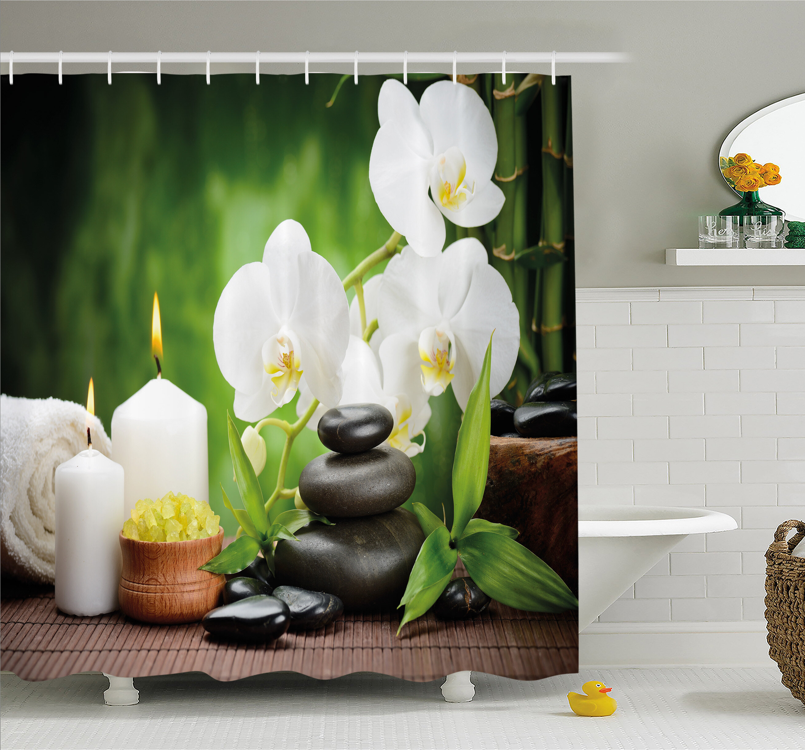 East Urban Home Spa Zen Stones With Orchid And Candles Plants At The Background Shower Curtain Set Wayfair