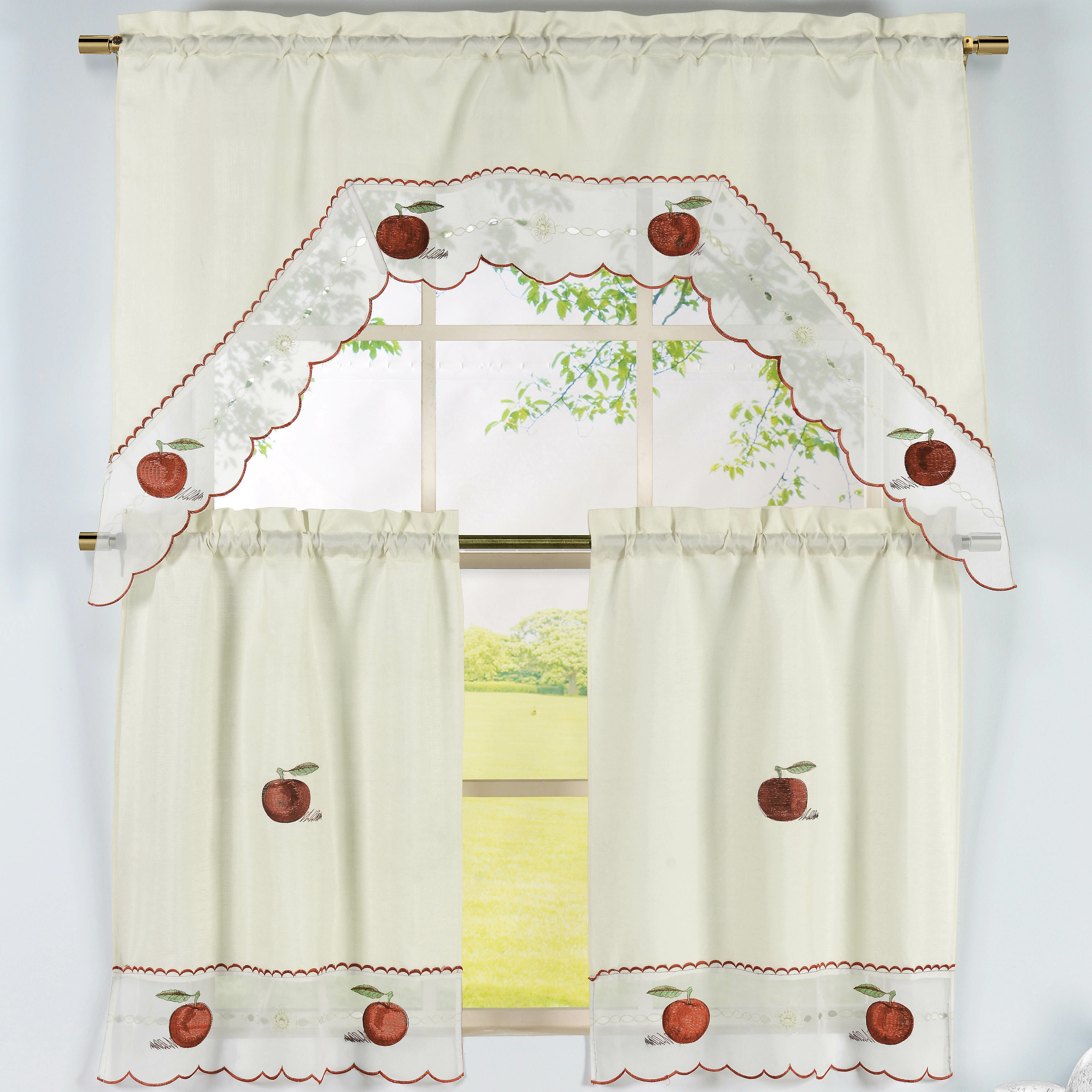 Window Elements Apple Time 3 Piece Embroidered Kitchen Valance And