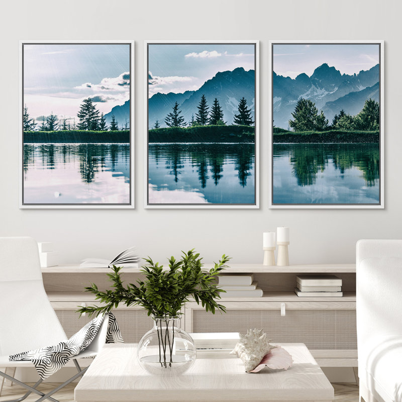Noway Natural Landscape Green Mountain Lake Forest Reflection Framed Canvas 3 Pieces Print Wall Art
