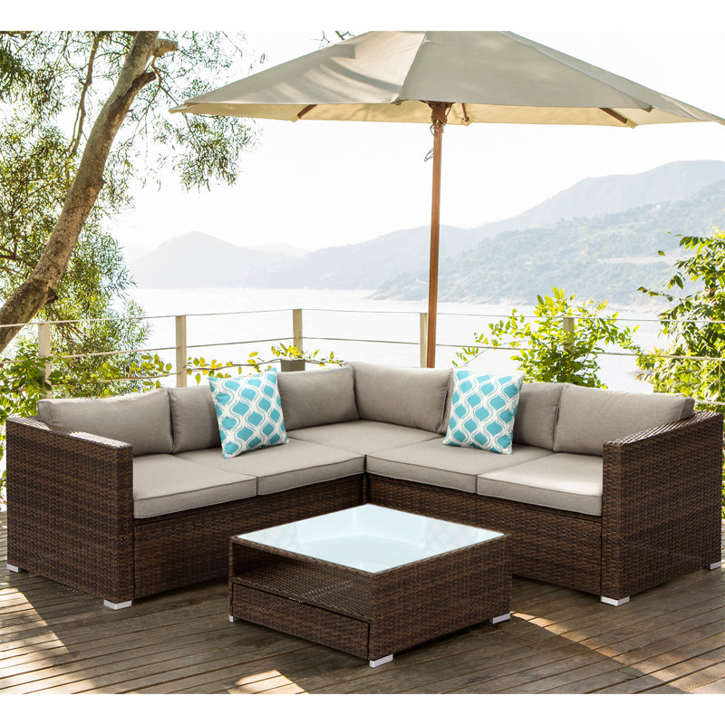(INCOMPLETE) Newagen 2 Piece Outdoor Furniture Set Sofa Cushions, Glass Coffee Table, 2 Teal Pillows Incl. Water Resistant Cover Sectional Seating Group with Cushions Cushion Color: Gray