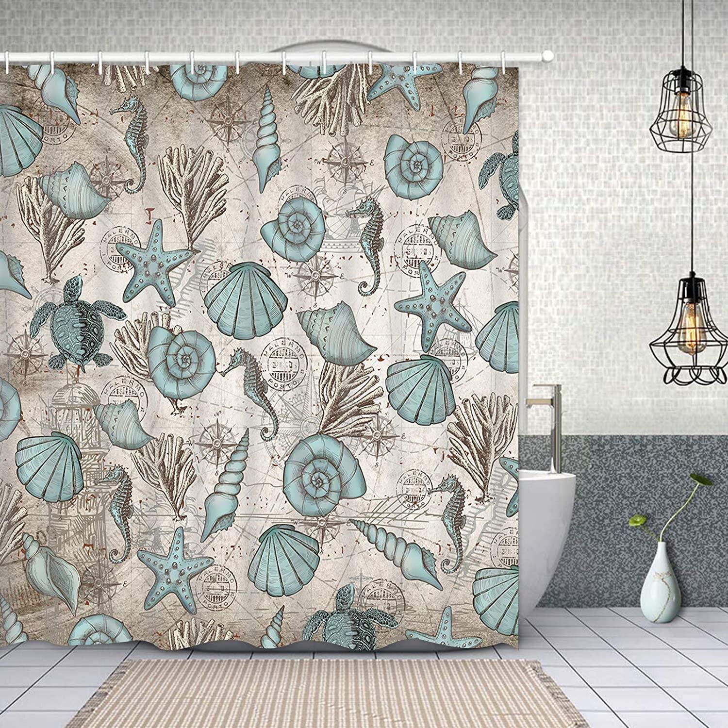 East Urban Home Coastal Shower Curtain Beach Ocean Shower Curtain Vintage Nautical Shower Curtain With 12 Hooks