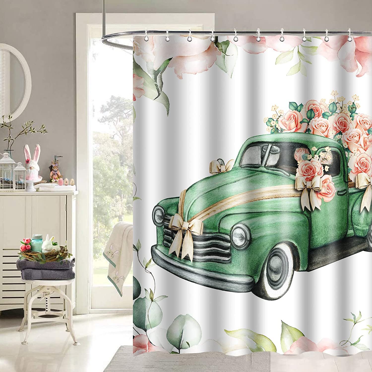 Bathroom Decor Valentine's Day Rose Floral Shower Curtain Set Hooks 72" US Stock 