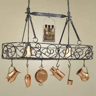 Lighted Hanging Pot Racks You Ll Love Wayfair Authentic Iron Oval Hanging Pot Rack With 2 Lights
