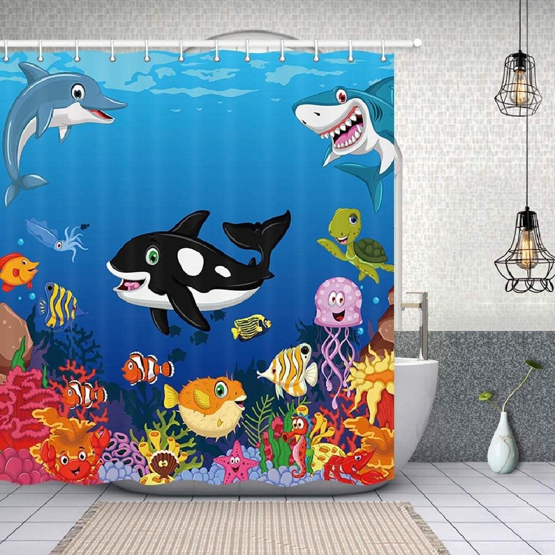 Sea Life Colored Fish Coral Blue Bathroom Shower Curtain Bath Rugs Mat Polyester 