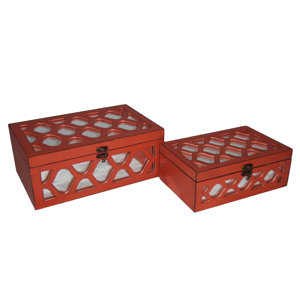 2 Piece Decorative Box with Front and Top Mirror with Wood Morrocan Overlay Set