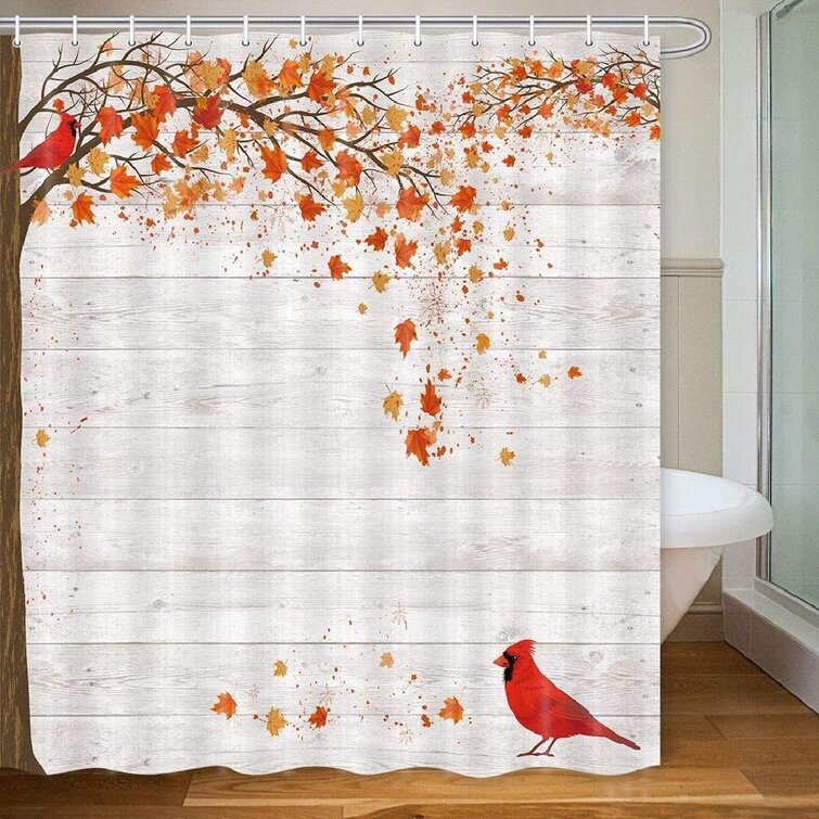 Maple Leaf Design Water-resisitant Fabric Shower Curtain Set with 12 Hooks 