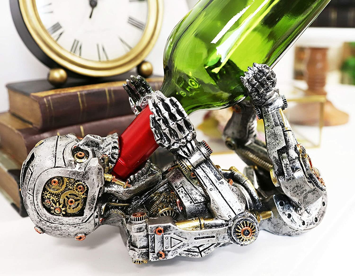 Ebros Steampunk Industrial Victorian Sci Fi Cyborg Robotic Terminator  Skeleton Wine Bottle Holder Figurine With Painted Gearwork Clockwork And 