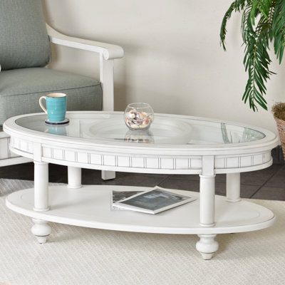Kolya White Washed Costal Oval Coffee Table with Glass
