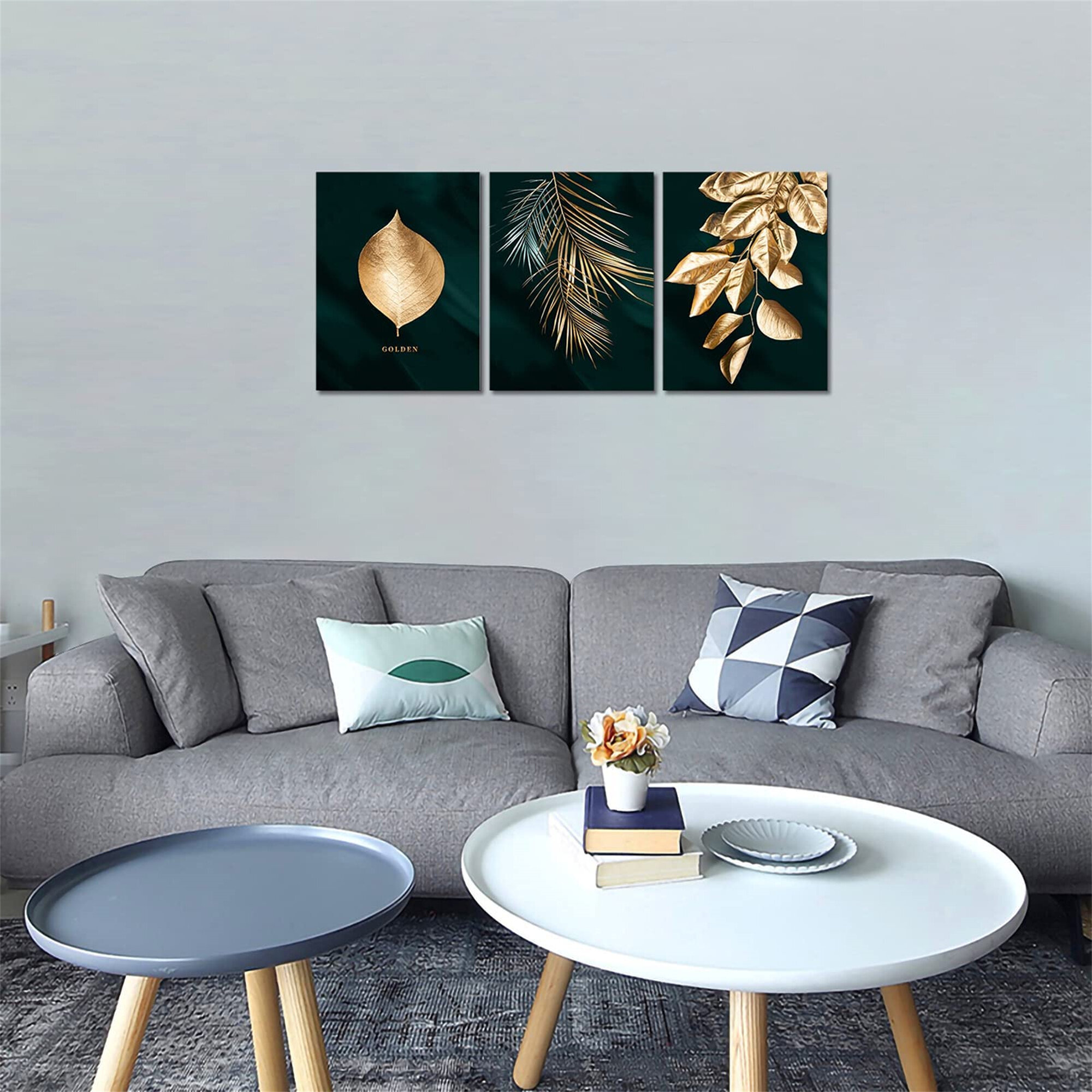 Gold plant Flowers Canvas Painting 3 Panels 12x 16 inch Framed Canvas Pictures Prints Canvas Artwork Ready to Hang for Home Decoration Christmas Day Gift Canvas Wall Art for Livingroom