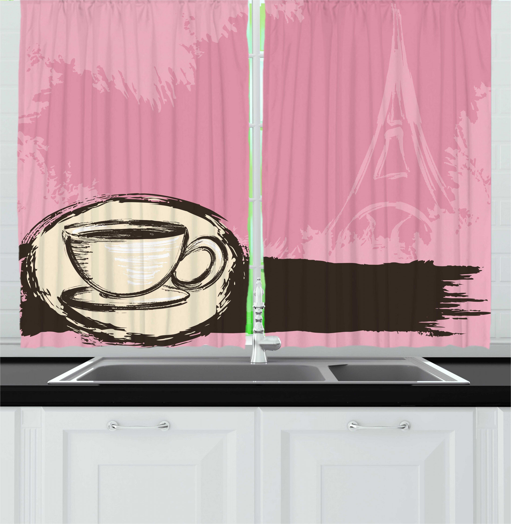 East Urban Home 2 Piece Eiffel Tower Grunge And Sketchy Drawing Of A Coffee Cup Drawn By Hand Kitchen Curtain Set Wayfair