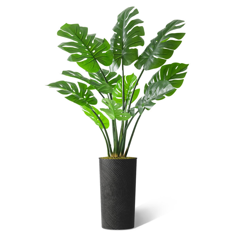 Artificial Tree In Modern Planter, Fake Monstera Silk Tree Home Decoration (Plant Pot Plus Tree) Size: 65\" H, Base Color: white/black