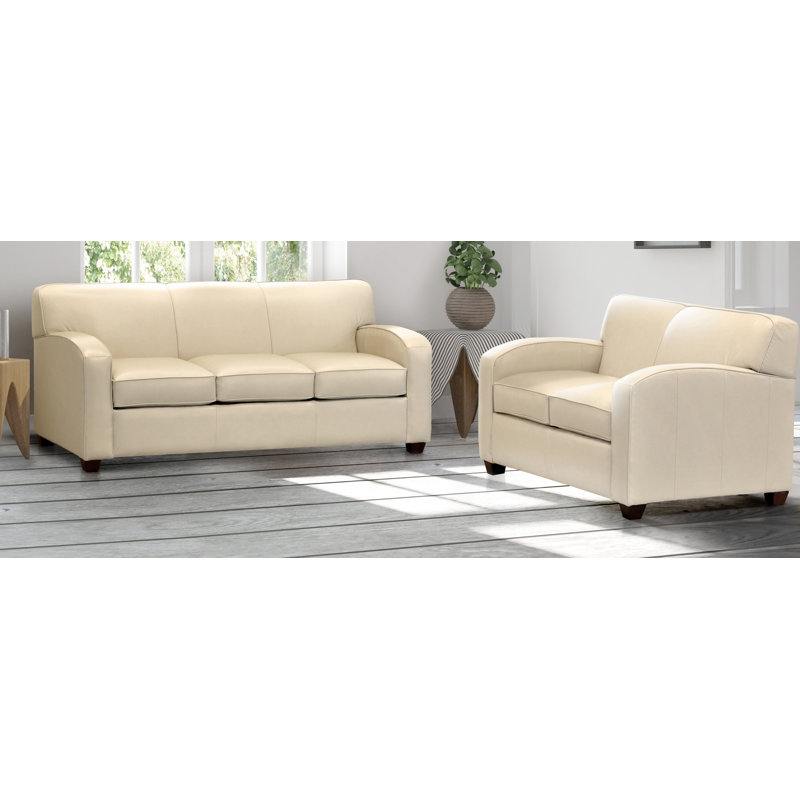 Ebern Designs Made In Usa Knocknaboul Cream Top Grain Leather Sofa