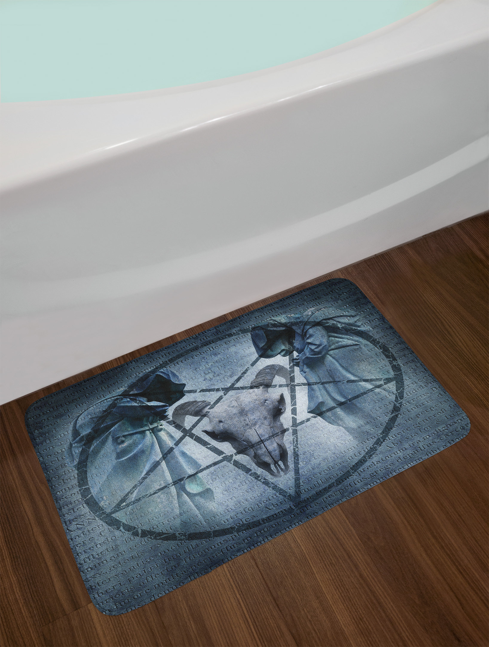 Horror House Artwork With Pentagram Icon Goat Skull Devil Dream Hooded Figure Exorcist Image Non Slip Plush Bath Rug
