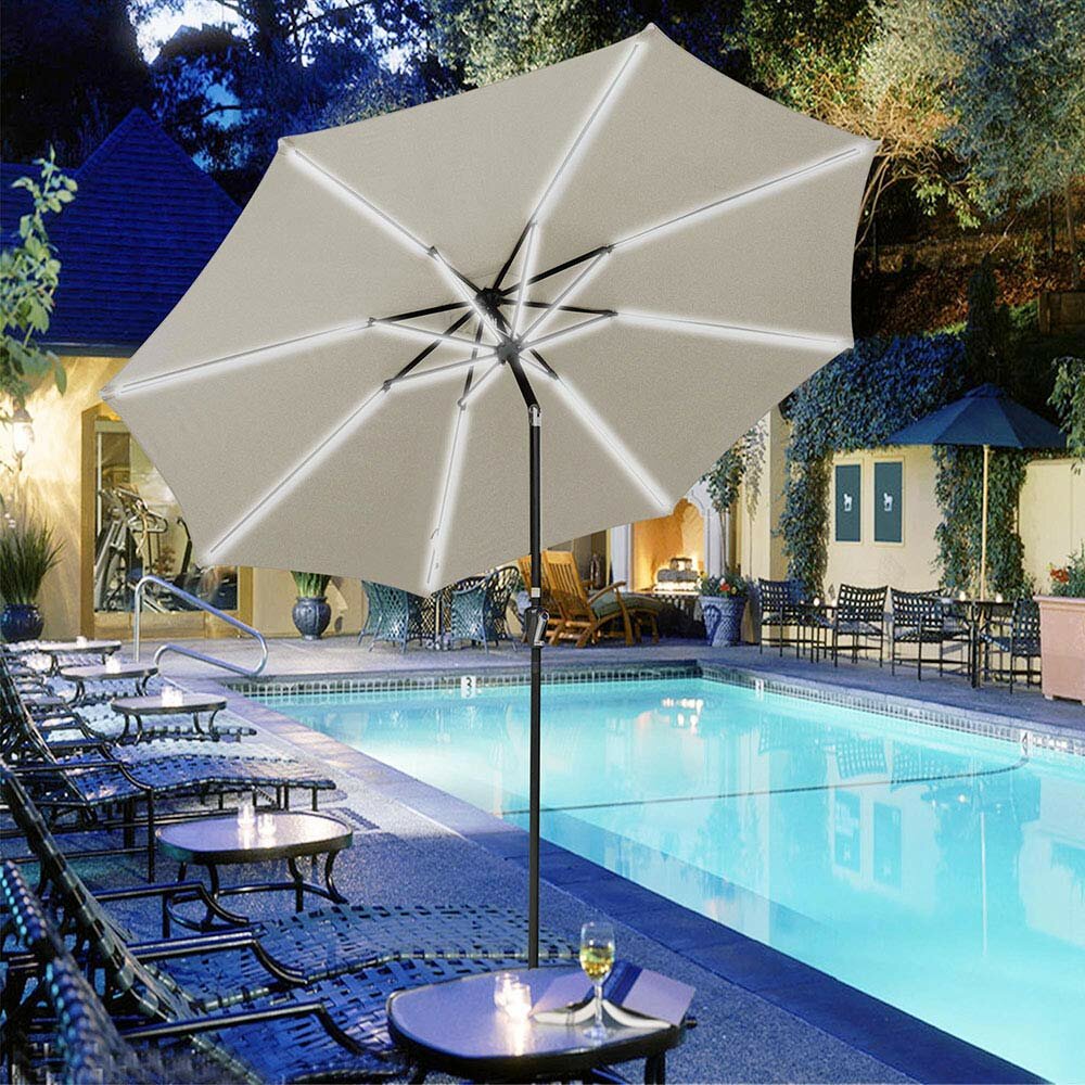 Freeport Park Solar Powered Patio Umbrella With Tilt And Crank 8 Ribs Outdoor Market Table Umbrella For Garden Pool Wayfair Ca