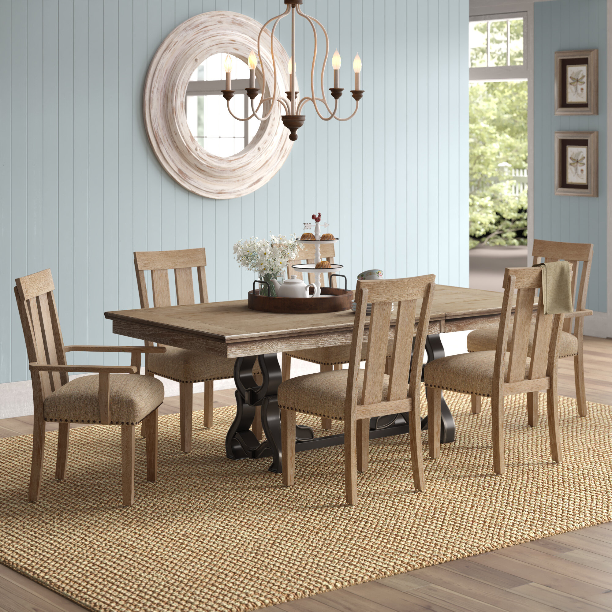 glass table and 6 grey chairs