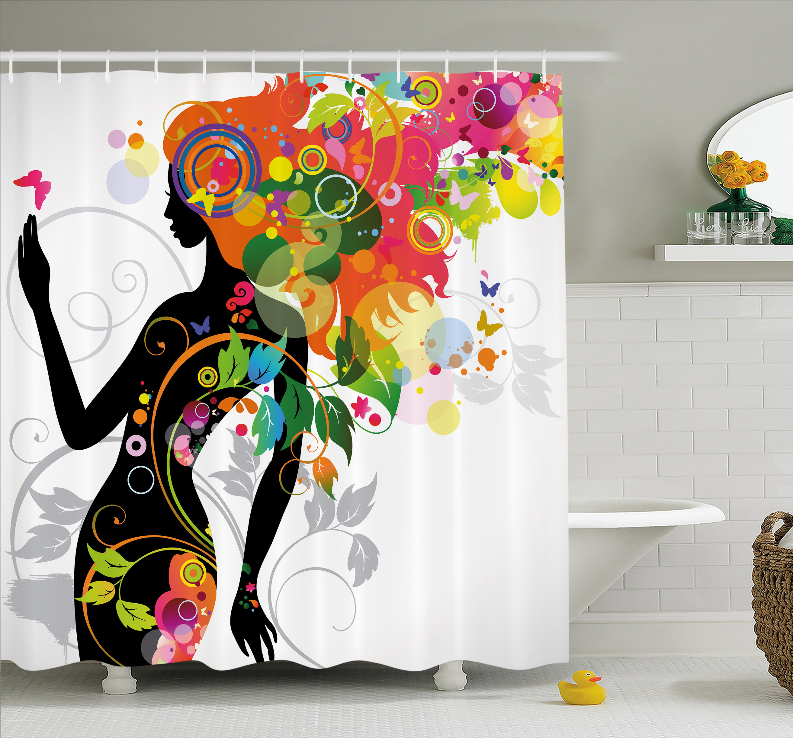 Hello Spring Flowers Wreath Butterfly Shower Curtain Set Waterproof Fabric Hooks