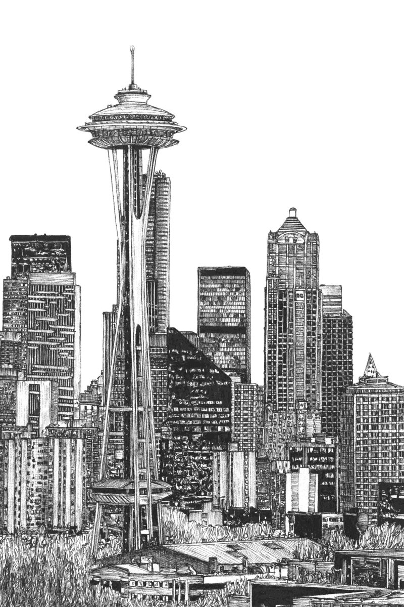 B&W US Cityscape-Seattle Size: 36" H x 24" W
