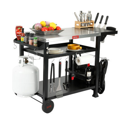 3-Tier Stainless Steel Grill Cart - 40\" Outdoor Pizza Oven Stand with Wheels, Mobile Kitchen Island for BBQ & Food Prep. Incomplete 