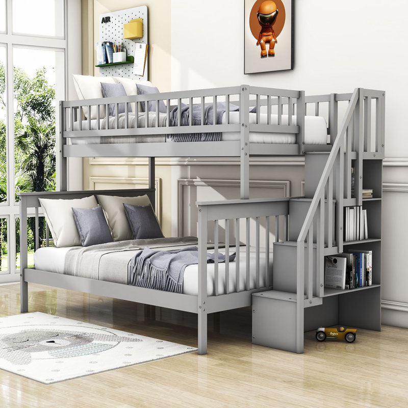 *incomplete,box 1/3 only* Twin-Over-Full Wood Bunk Bed With Stairway And Storage Bed Frame Color: Gray