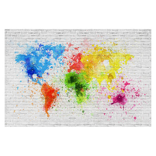 White Brick Wall World Map 2.25m x 3.36m Textured Matte Peel & Stick Wall Mural East Urban Home
