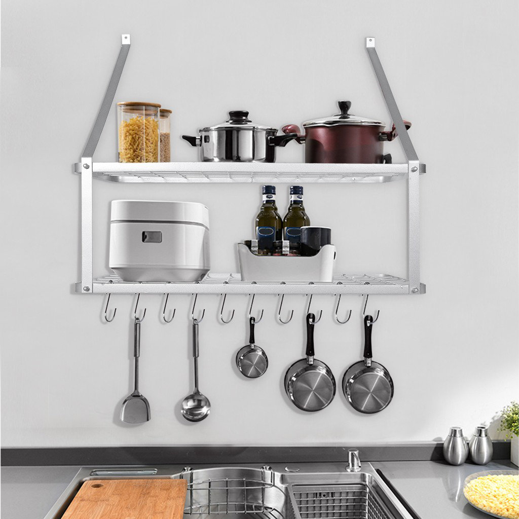 Prep & Savour Pot Rack Wall Mounted Pan Shelf Hanging Racks 2 Tire