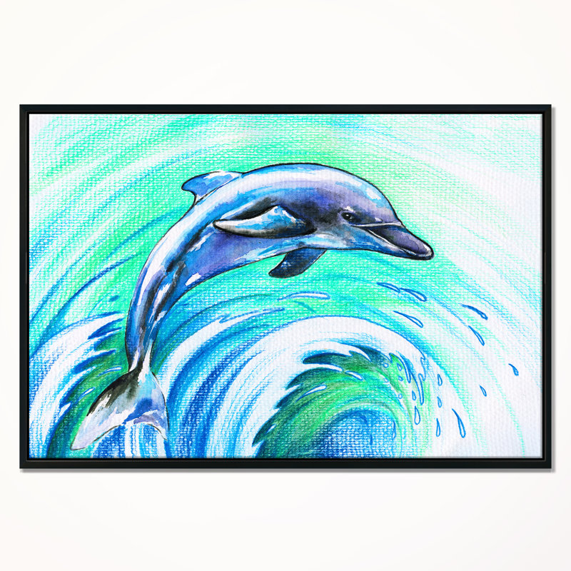 East Urban Home Jumping Dolphin Framed Watercolor Painting Print