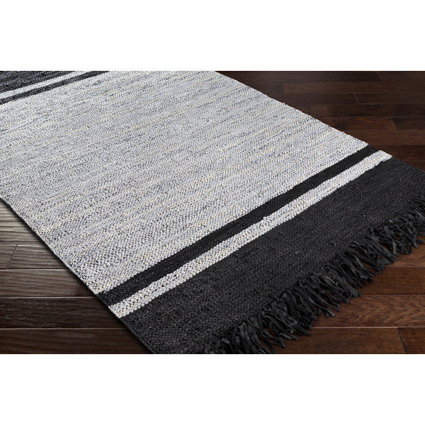 August Grove Abeilles Striped Handmade Flatweave Leather Light Gray Black Area Rug Wayfair