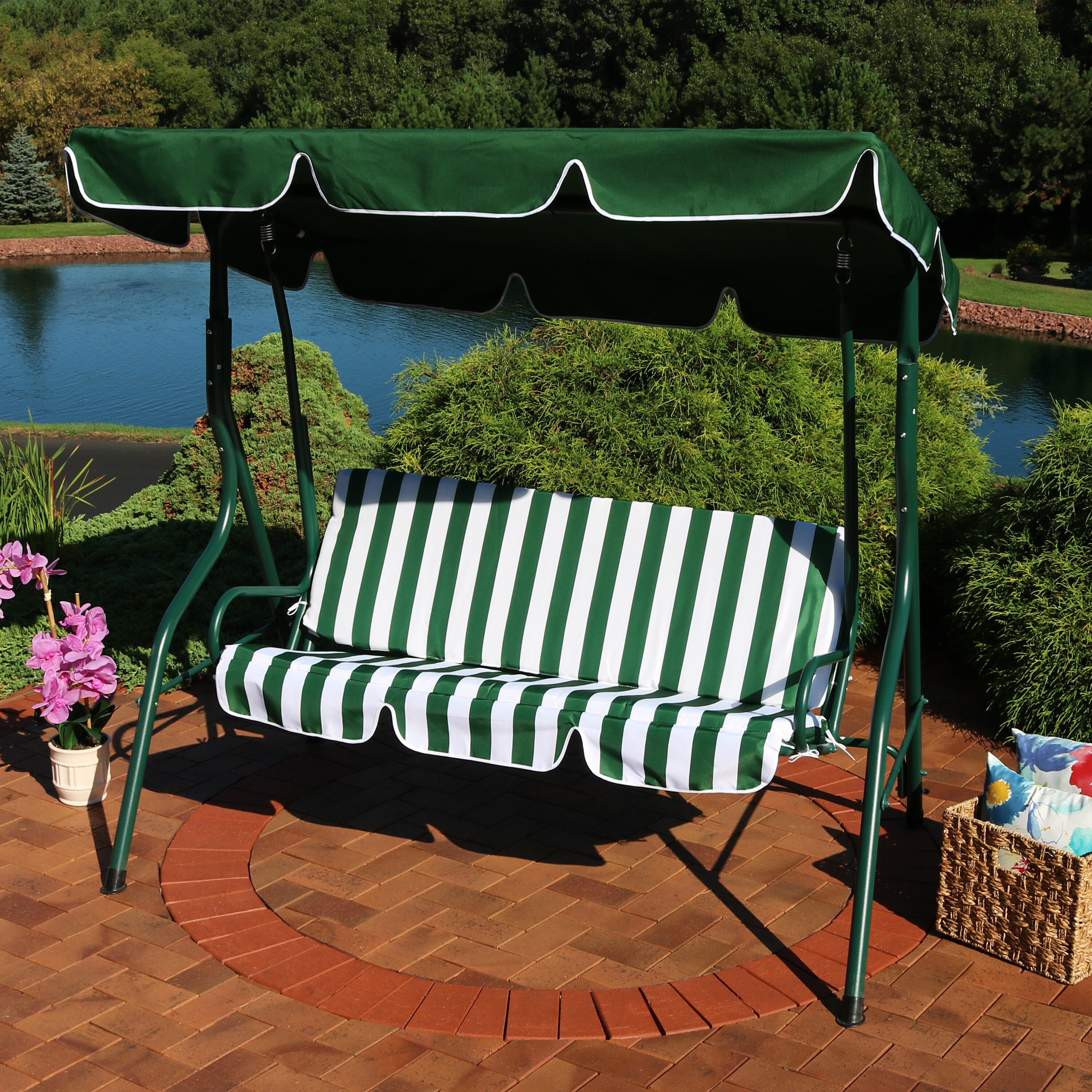 Sunseri 3 Person Striped Seat Outdoor Canopy Patio Porch Swing