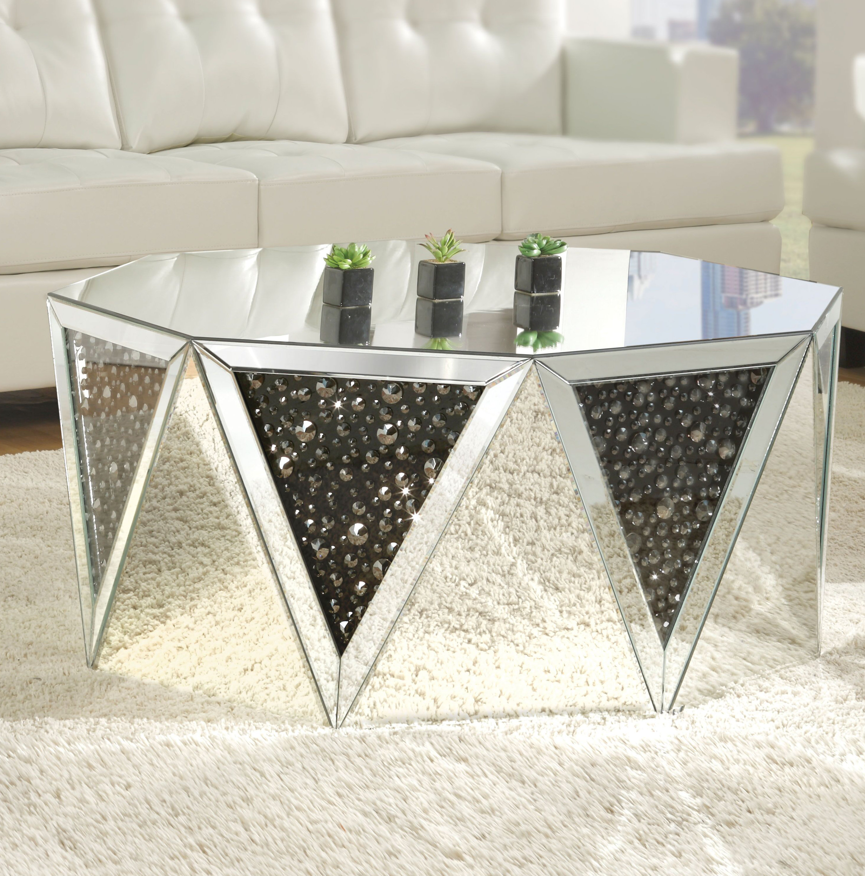 Major Q Drum Shape Mirrored Top Coffee Table With Faux Gem Stones Inlay Wayfair